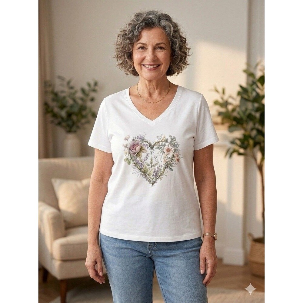 Plus Size Women’s T-Shirt White Heart Floral 2X/3X Short Sleeve V-neck Read Pls